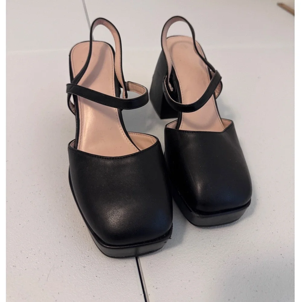 Black Square Toe Platform Mary Jane Slingback Block Heels Size 7.5 AA